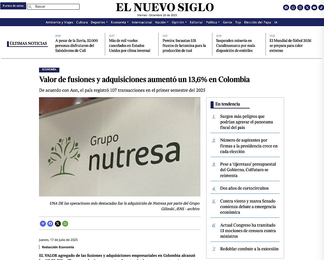 Valor de fusiones y adquisiciones aument� un 13,6% en Colombia